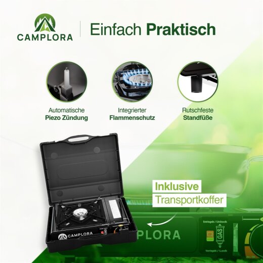 Green Camp Gaskocher Mit 16 Kartuschen - Campingkocher Mit Piezozündung